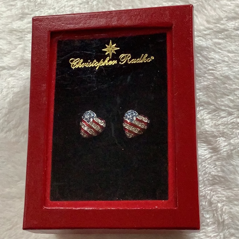 Rare Vtg Christopher Radko EnamelRhinestone Brave Heart Flag Earrings Nib 40$